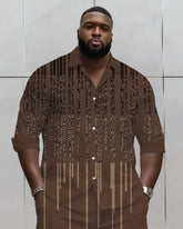 Big & Tall Men's Business Brown Geometric Stripe Print Long Sleeve Shirt Shorts Set